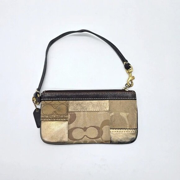 Coach Signature Avary Clutch Womens Small Gold Patchwork Canvas Leather Wristlet
